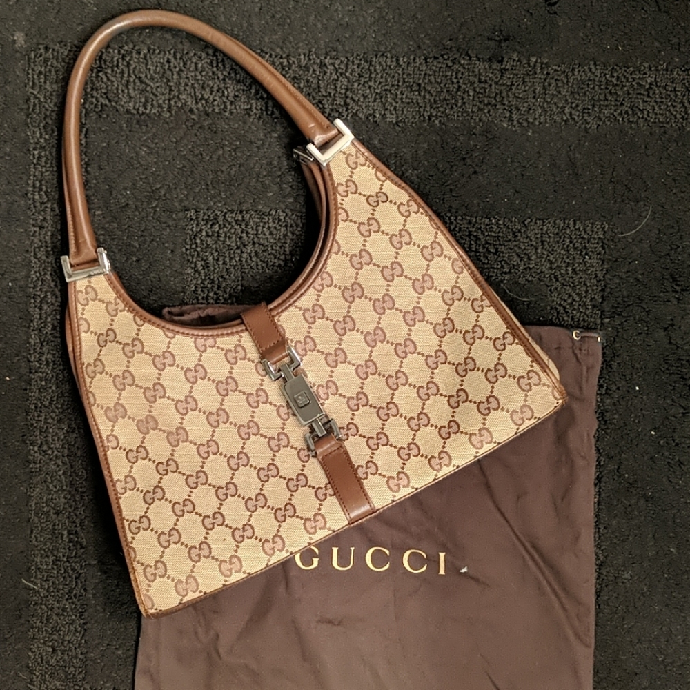 GUCCI Brown Leather GG Monogram Canvas shoulder bag